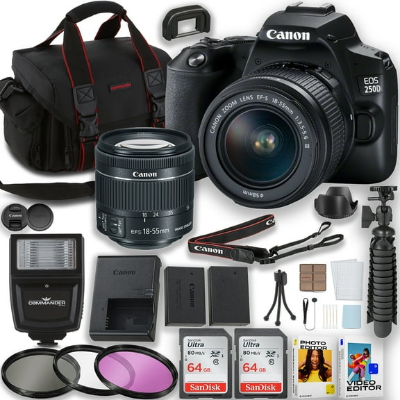 Canon EOS Rebel 250D / SL3 DSLR Camera with EF-S 18-55mm Lens + 2pc 64GB Memory Card + Flash + Photo And Video Editor & More
