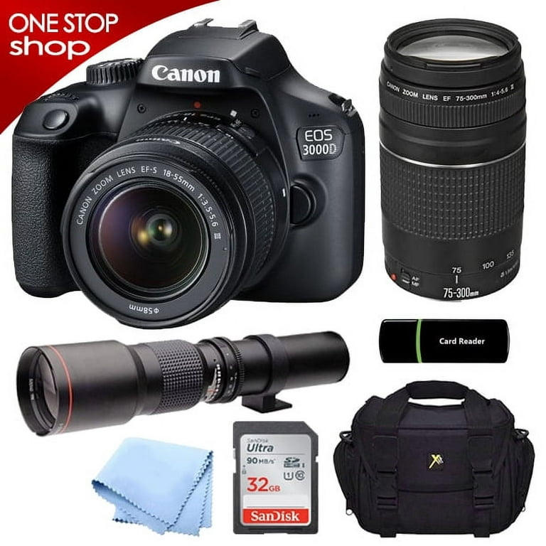 Canon EOS Rebel 3000D DSLR Camera with 18-55mm is II Lens Bundle + Canon EF  75-300mm f/4-5.6 III Lens and 500mm Preset Lens + 32GB Memory + Padded Case  