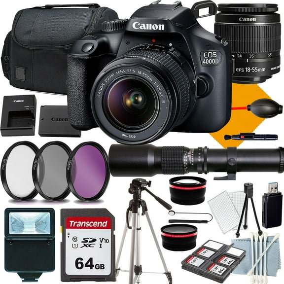 Canon EOS Rebel 4000D Camera with 18-55mm+500mm f/8.0 Telephoto Lens for T-mount+COMMANDER Starter Kit+Lens Filters+CASE+64Memory Cards(18PC)