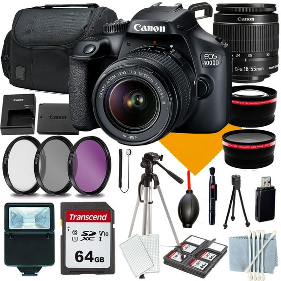 Canon EOS Rebel 4000D Camera with 18-55mm+COMMANDER Starter Kit+Lens Filters+CASE+64Memory Cards(18PC)