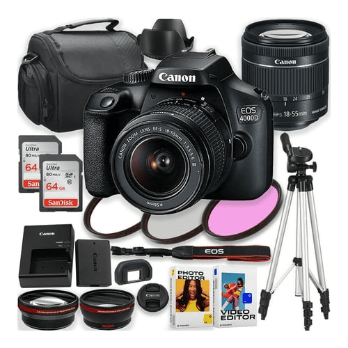 Canon EOS Rebel 4000D / T100 DSLR Camera w/Canon EF-S 18-55mm Lens + 2Pc 64GB Memory Card + Tripod + Photo and Video Editor & More