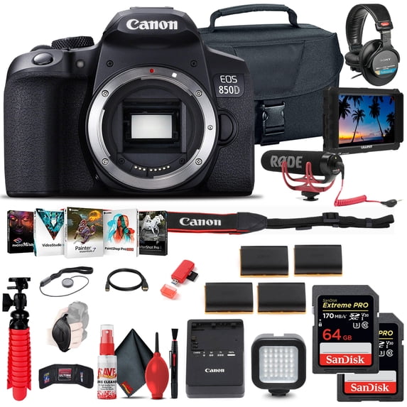 Canon EOS Rebel 850D / T8i DSLR Camera (Body Only) + 4K Monitor + Mic + More (International Version)