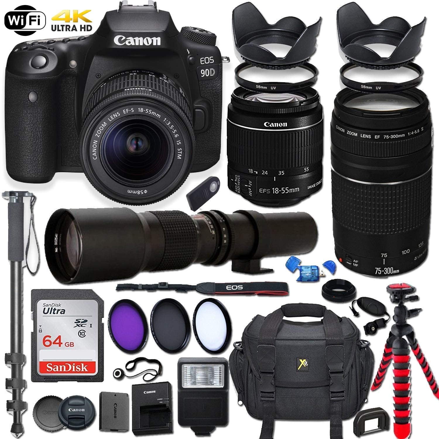 Canon EOS 90D DSLR Camera Bundle with 3 Lenses, 64GB Memory, UHD 4K30p