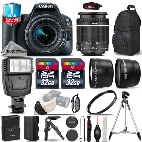 canon eos rebel sl2 dslr camera + 18-55mm is stm + flash + 64gb + 1yr warranty