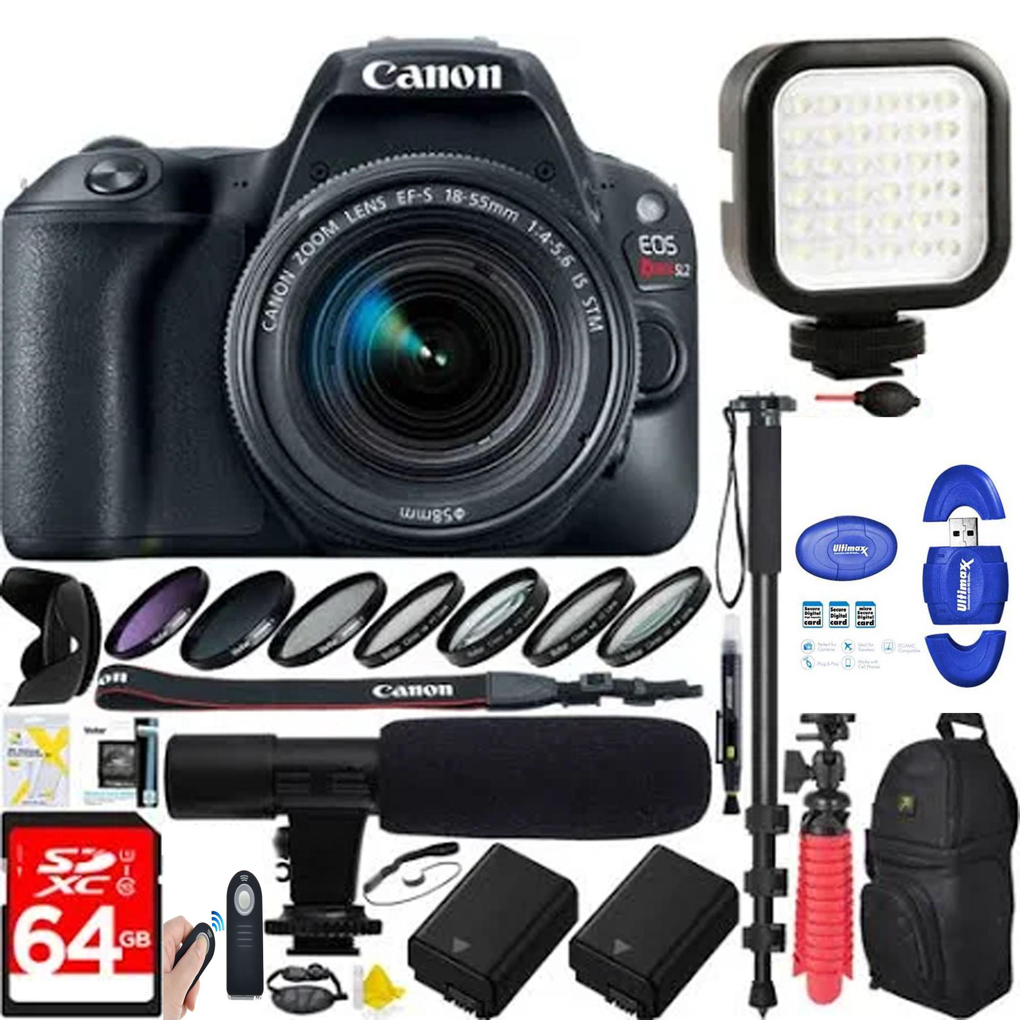 Canon EOS Rebel SL2 DSLR Camera with 18-55mm Lens (Black) with 64GB Dual Battery & Mic Pro Video Bundle - image 1 of 1