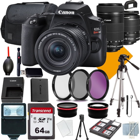 Canon EOS Rebel SL3 Camera with 18-55mm+Canon EF-S 55-250mm f/4-5.6 IS STM Lens+COMMANDER Starter Kit+Lens Filters+CASE+64Memory Cards (18PC)