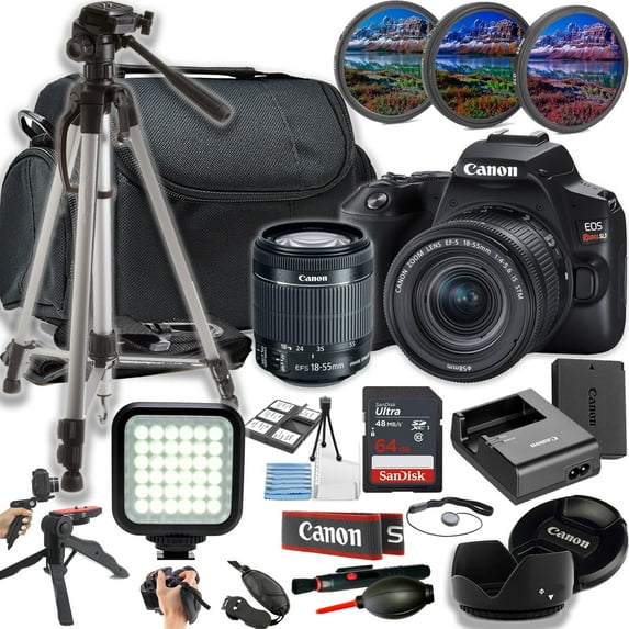 Canon EOS Rebel SL3 DSLR Camera 24MP DSLR Camera w/EF-S 18-55mm Lens + LED Light + 64GB Memory + Filters + Case + Tripod + Grips + Hood, and More (24pc Bundle)