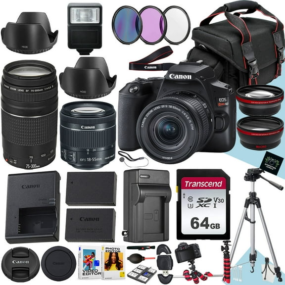 Canon EOS Rebel SL3 DSLR Camera With EF-S 18-55mm f/4-5.6 IS STM And EF 75-300mm f/4-5.6 III Lens + 64 GB Memory + Extra Battery + Battery Charger + Filters + Tripod + More (34pc Bundle)