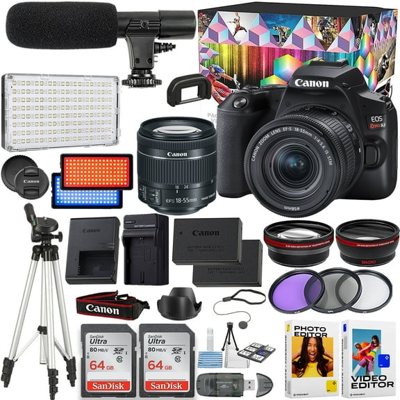 Canon EOS Rebel SL3 DSLR Camera With Video Creator Kit + Canon EF-S 18-55mm f/4-5.6 IS STM Lens + 2pc 64GB Memory Cards + Softwear Editor + Tripod & More