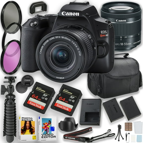 Canon EOS Rebel SL3 DSLR Camera with EF-S 18-55mm Lens + 2pc 64GB Memory Card + Photo And Video Editor + Flexible Tripod & More