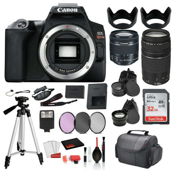 Canon EOS Rebel SL3 Digital SLR Camera with 18-55mm Lens and EF 75-300mm Lens 3453C002 Professional package deal Bundle Sandisk 32gb SD Card 3PC Filter Kit 57 Tripod International Model