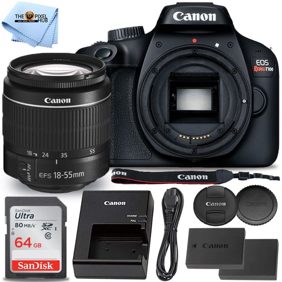 Canon EOS Rebel T100/4000D Camera with 18-55mm DC III Lens + Extra LPE10 Battery + Sandisk Ultra 64GB SD Bunde