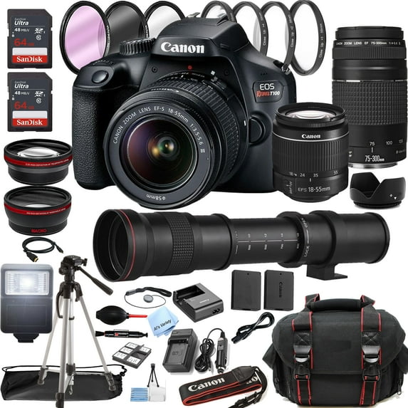 Canon EOS Rebel T100 / 4000D DSLR Camera with 18-55mm + 75-300mm + 420-800mm Super Telephoto Lens + Optics Filter Set, Camera Bag + Sandisk Ultra 128GB Memory + Al's Variety Cleaning Kit, And More
