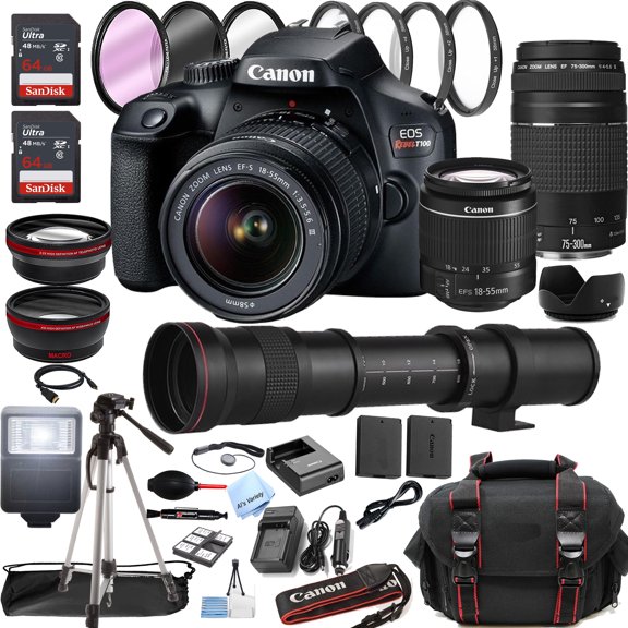 Canon EOS Rebel T100 / 4000D DSLR Camera with 18-55mm + 75-300mm + 420-800mm Super Telephoto Lens + Optics Filter Set, Camera Bag + Sandisk Ultra 128GB Memory + Al's Variety Cleaning Kit, And More