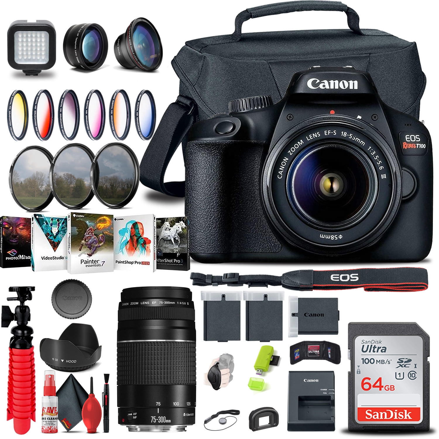 Canon EOS Rebel T100 / 4000D DSLR Camera with 18-55mm Lens, SanDisk 128GB  Memory, Tripod, Backpack and ZeeTech Bundle 