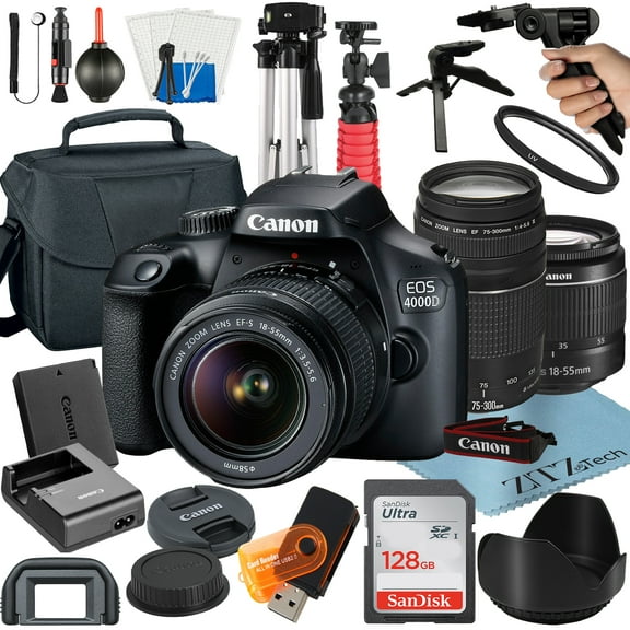 Canon EOS Rebel T100 / 4000D DSLR Camera Bundle with 18-55mm + 75-300mm Lens + 128GB SanDisk Card + Case + Tripod + ZeeTech Accessory (International Model)