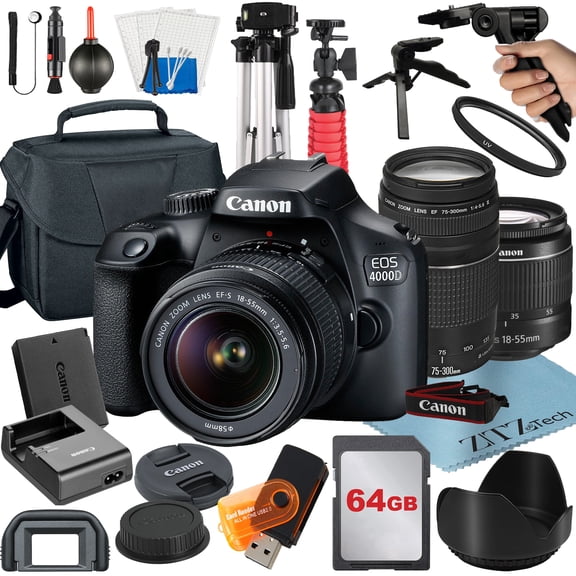 Canon EOS Rebel T100 / 4000D DSLR Camera Bundle with 18-55mm + 75-300mm Lens + 64GB SanDisk Card + Case + Tripod + ZeeTech Accessory (International Model)