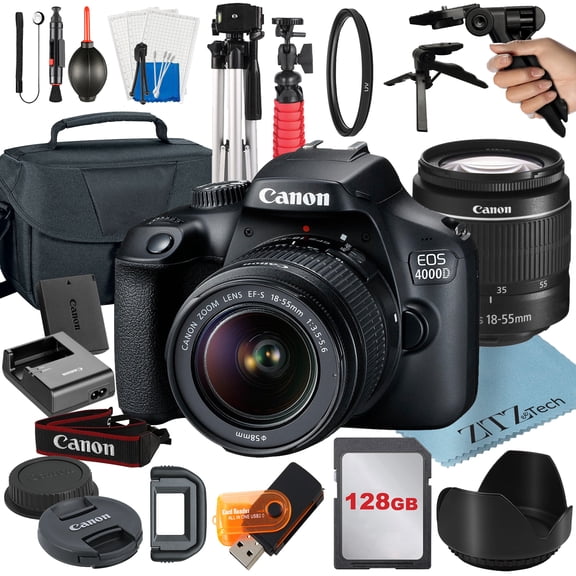 Canon EOS Rebel T100 / 4000D DSLR Camera Bundle with 18-55mm Zoom Lens + 128GB Card + Case + Tripod + ZeeTech Accessory (International Model)
