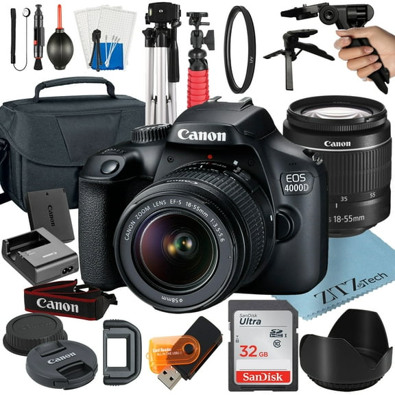 Canon EOS Rebel T100 / 4000D DSLR Camera Bundle with 18-55mm Zoom Lens + 32GB SanDisk Card + Case + Tripod + ZeeTech Accessory (International Model)