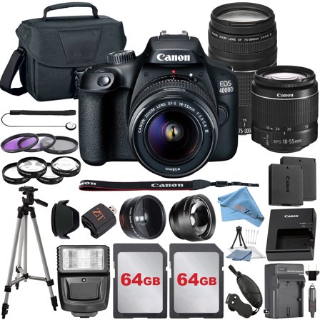 Canon EOS Rebel T100 / 4000D DSLR Camera Bundle with 18-55mm Zoom Lens + 32GB SanDisk Card + Case + Tripod + ZeeTech Accessory (International Model)