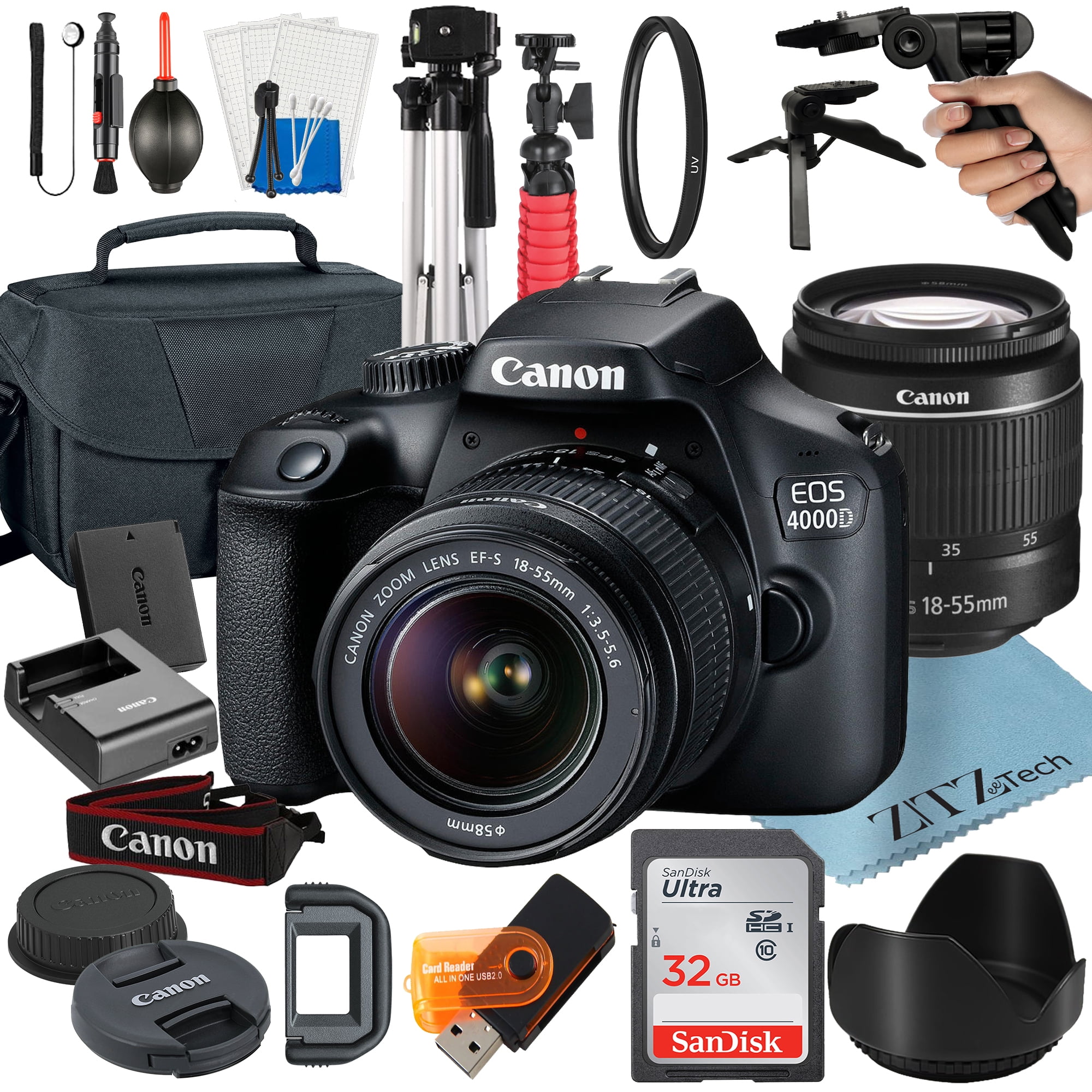Canon EOS T100 / 4000D DSLR Camera with 18-55mm Zoom Lens + 32GB SanDisk Card + Case + Tripod + ZeeTech Accessory - Walmart.com