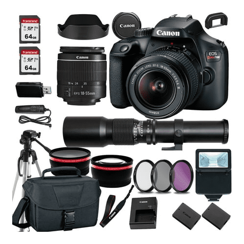 Canon EOS Rebel T100/4000D DSLR Camera w/Canon EF-S 18-55mm F/3.5-5.6 Zoom Lens+500mm f/8.0 Telephoto Lens+case+128Memory Cards (24PC)