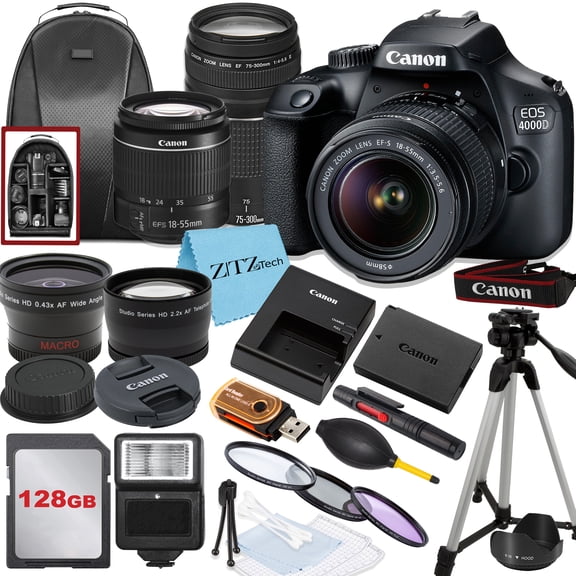 Canon EOS Rebel T100 / 4000D DSLR Camera with 18-55mm, 75-300mm Lens, SanDisk 128GB Memory, Tripod, Backpack and ZeeTech Bundle (International Model)