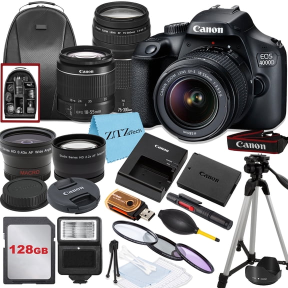 Canon EOS Rebel T100 / 4000D DSLR Camera with 18-55mm, 75-300mm Lens, SanDisk 128GB Memory, Tripod, Backpack and ZeeTech Bundle (International Model)