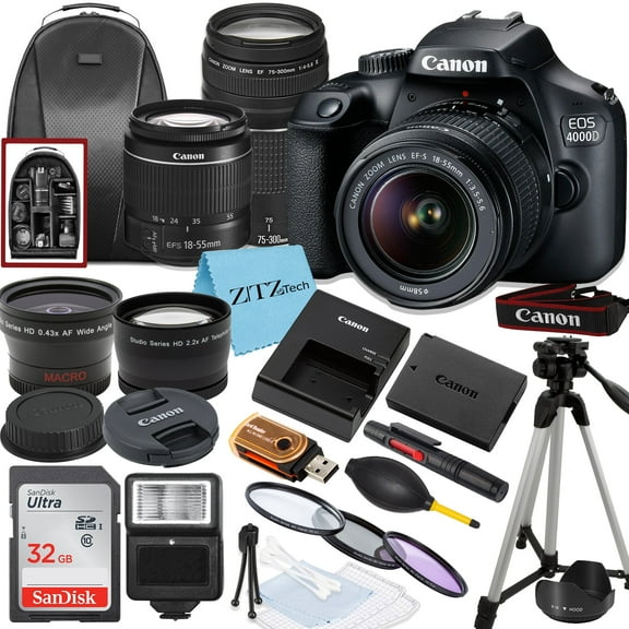 Canon EOS Rebel T100 / 4000D DSLR Camera with 18-55mm, 75-300mm Lens, SanDisk 32GB Memory, Tripod, Backpack and ZeeTech Bundle (International Model)