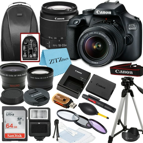 Canon EOS Rebel T100 / 4000D DSLR Camera with 18-55mm Lens, SanDisk 64GB Memory, Tripod, Backpack and ZeeTech Bundle (International Model)