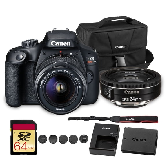 Canon EOS Rebel T100 DSLR Camera with 18-55mm Lens | 18MP APS-C Sensor, Built-In Wi-Fi & Full HD Video | For Beginners, Travel & Everyday Shooting (2628C029) + EF-S 24mm f/2.8 STM Lens + Bag + More