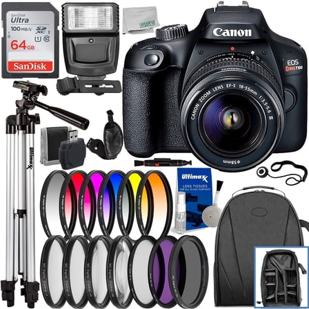 Canon EOS Rebel T100 (Intl Model) DSLR Camera with EF-S 18-55mm f/3.5-5.6 DC III Lens & Deluxe Accessory Bundle: SanDisk Ultra 64GB Memory Card, Water Resistant Backpack, Digital Slave Flash & More