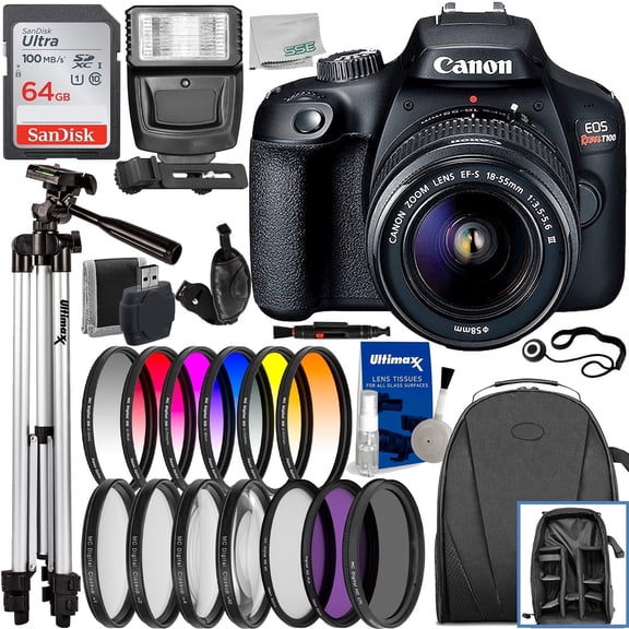 Canon EOS Rebel T100 (International Model) DSLR Camera with EF-S 18-55mm f 3.5-5.6 DC III Lens & Deluxe Bundle: SanDisk Ultra 64GB Memory Card, Water Resistant Backpack, Digital Slave Flash & More