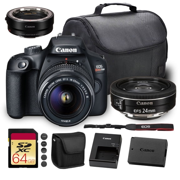 Canon EOS Rebel T100 DSLR Camera with 18-55mm Lens (2628C029) + EF-S 24mm Lens + 64GB Card + Accessories