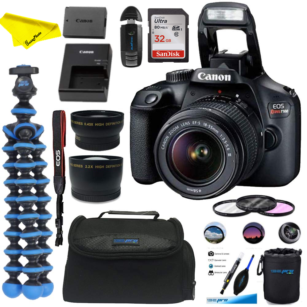 Canon EOS Rebel T100 Digital SLR Camera with 18-55mm Lens Kit + 32GB SD Card +Buzz-Photo Essential Bundle - image 1 of 4