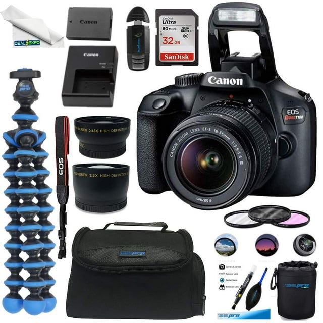 Canon EOS Rebel T100 Digital SLR Camera with 18-55mm Lens Kit + +32GB SD Card+ Deal-expo Essential Bundle