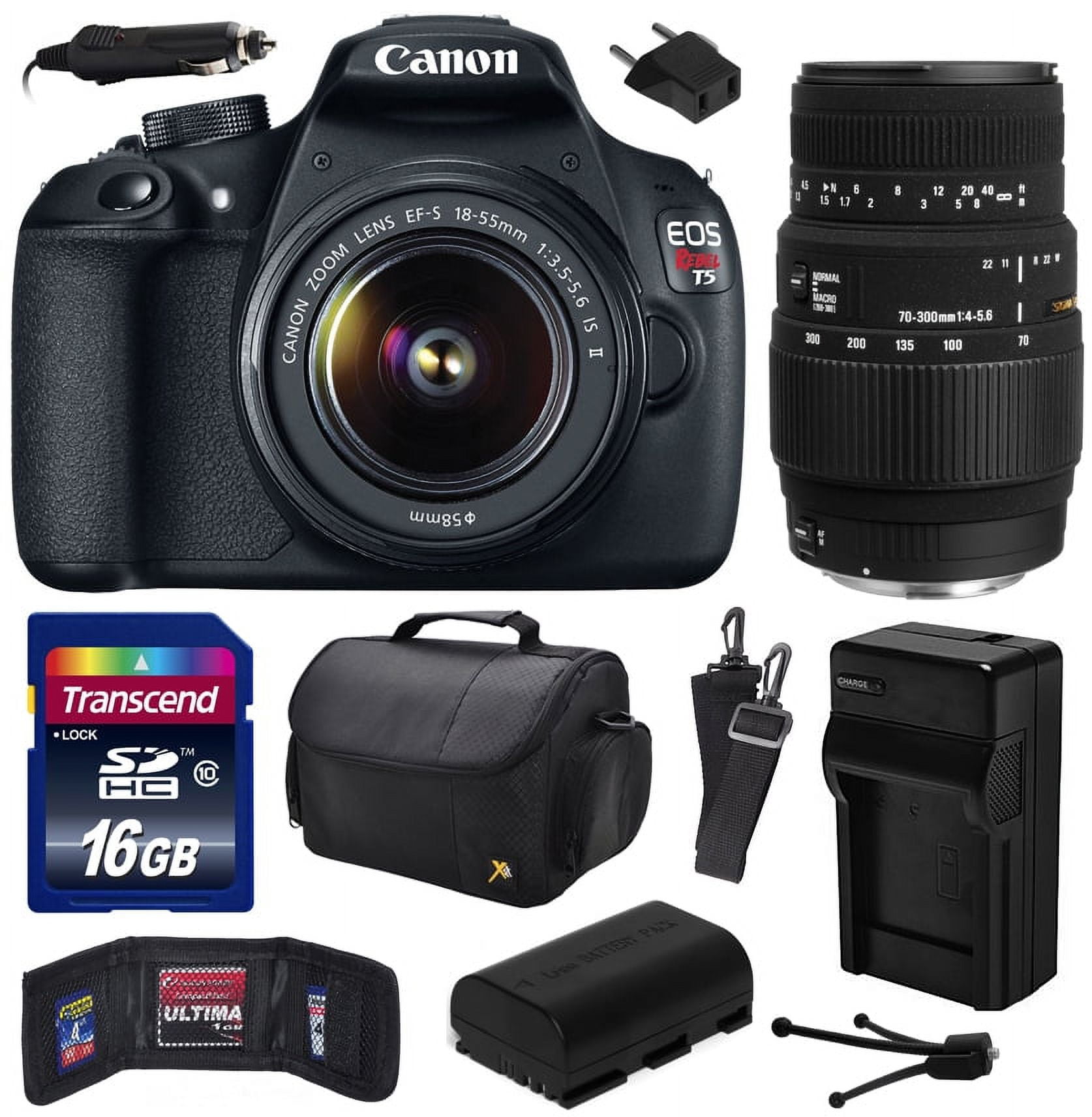 Canon EOS Rebel T5 Digital SLR Camera with EF-S 18-55mm IS II and Sigma  70-300mm f/4-5.6 DG Macro Lens with 16GB Memory, Large Case, Extra Battery, 