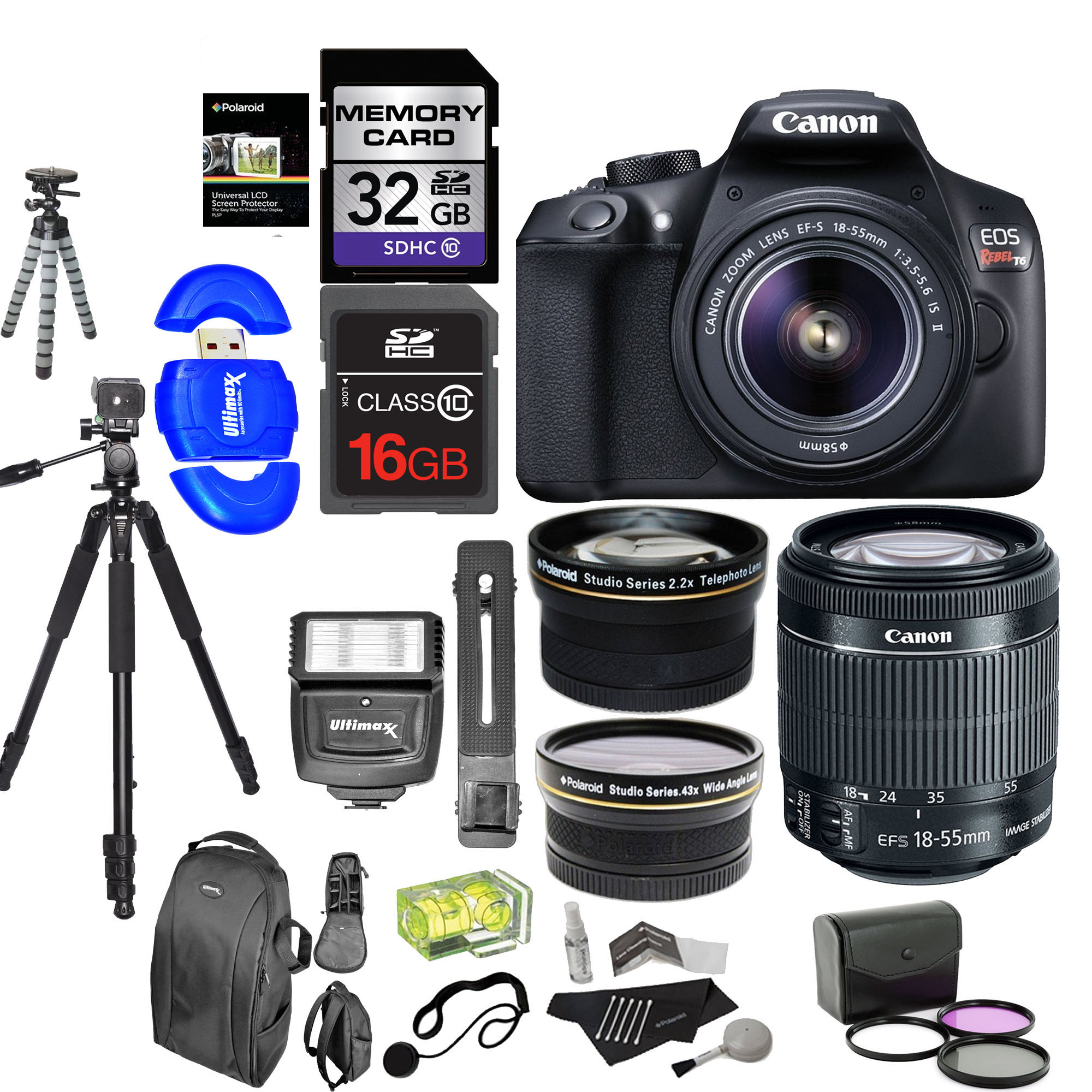 Canon EOS Rebel T6 Digital SLR Camera Kit with EF-S 18-55mm f/3.5-5.6 IS II Lens + Polaroid .43x Super Wide Angle & 2.2X HD Telephoto Lens + 50" & 8" Polaroid Tripods + Memory Cards + Accessory Bundle - image 1 of 7