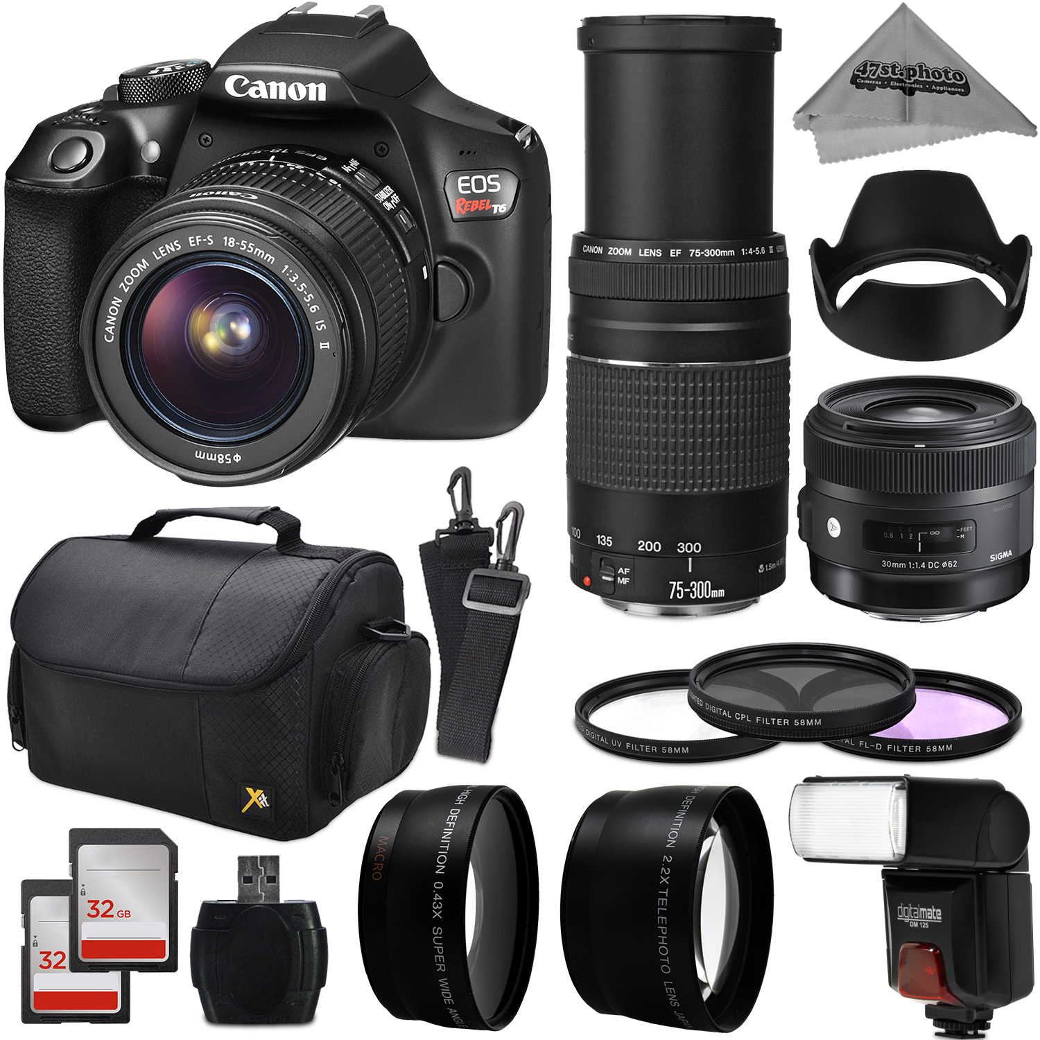 Canon EOS Rebel T6 Digital SLR Camera Kit w/ EF-S 18-55mm f/3.5-5.6 IS II + 75-300mm f/4-5.6 III + Sigma 30mm f/1.4 Art Lens + 0.43x Macro + 2.2x Telephoto + 64GB + Flash + Bag + LED Light + Filters - image 1 of 11