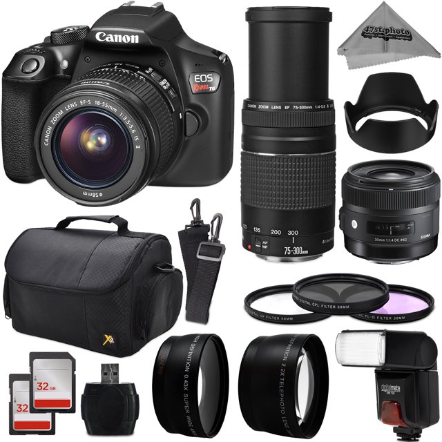 Canon EOS Rebel T6 Digital SLR Camera Kit w/ EF-S 18-55mm f/3.5-5.6 IS II + 75-300mm f/4-5.6 III + Sigma 30mm f/1.4 Art Lens + 0.43x Macro + 2.2x Telephoto + 64GB + Flash + Bag + LED Light + Filters
