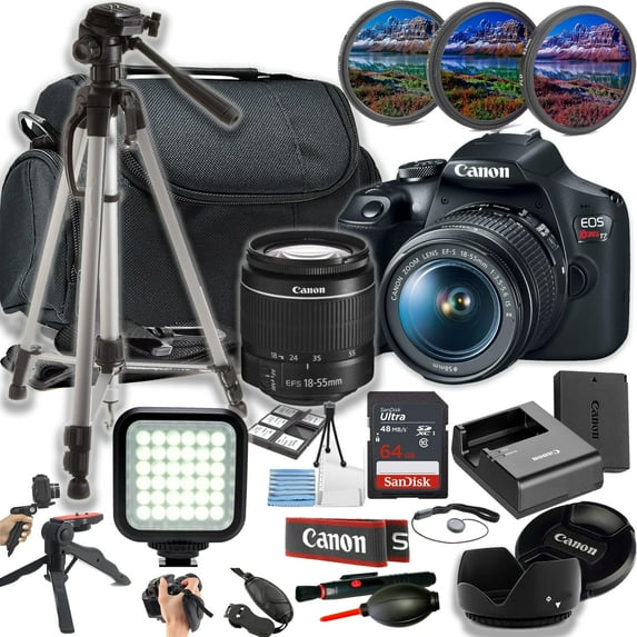 Canon EOS Rebel T7 24MP DSLR Camera w/EF-S 18-55mm F/3.5-5.6 Zoom Lens + LED Light + 64GB Memory + Filters + Case + Tripod + Grips + Hood, and More (24pc Bundle) (International Version)