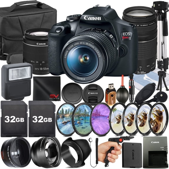 Canon EOS Rebel T7 DSLR Camera with 18-55mm + 75-300mm Lens + 2 Pack SanDisk 32GB Memory Card + Case + Tripod + Telephoto + SV Premium Accessory Bundle