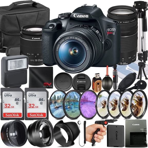 Canon EOS Rebel T7 DSLR Camera with 18-55mm + 75-300mm Lens + 2 Pack SanDisk 32GB Memory Card + Case + Tripod + Telephoto + SV Premium Accessory Bundle