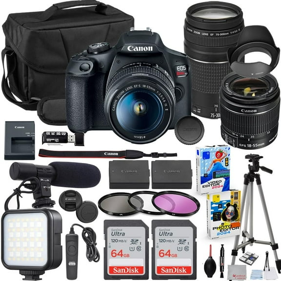 Canon EOS Rebel T7 DSLR Camera with 18-55mm & 75-300mm Lens Bundle with Extra Canon Battery + 2X 64GB Memory Cards + Accessory Kit Including Bag, LED Light, Microphone, Software & More