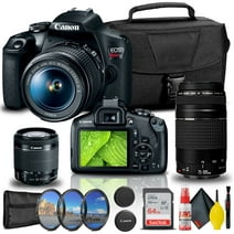 Canon EOS Rebel T7 DSLR Camera with 18-55mm and 75-300mm Lenses  + Creative Filter Set + EOS Camera Bag +  Sandisk Ultra 64GB Card + Cleaning Set, And More