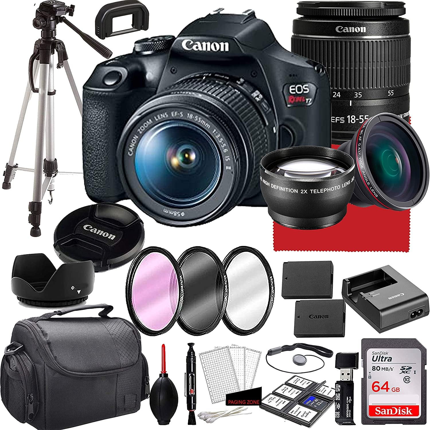 Canon EOS Rebel T7 DSLR Camera, 18-55mm F/3.5-5.6 IS II Lens, 64GB, Case, Tripod (28pc Bundle, New)