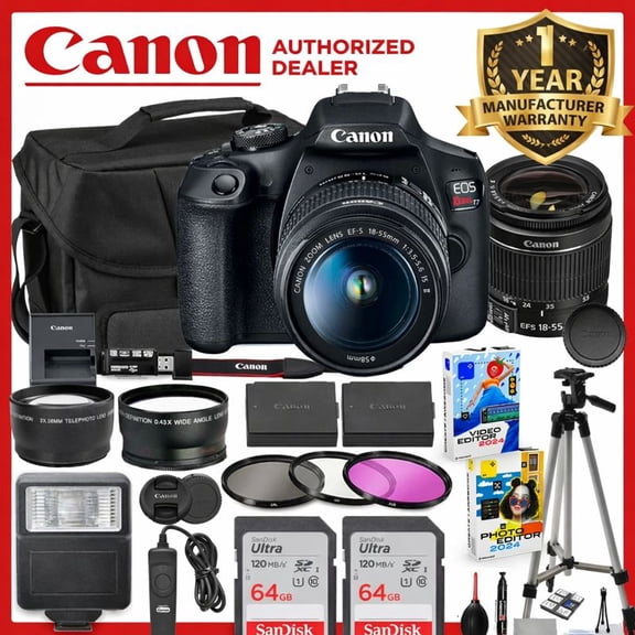 Canon EOS Rebel T7 DSLR Camera with 18-55mm Lens Bundle with Extra Canon Battery + 2X 64GB Memory Cards + Accessory Kit Including Bag, Flash, Remote, Aux Lenses, Software & More