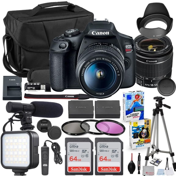 Canon EOS Rebel T7 DSLR Camera with 18-55mm Lens Bundle with Extra Canon Battery + 2X 64GB Memory Cards + Accessory Kit Including Bag, LED Light, Microphone, Remote, Software & More