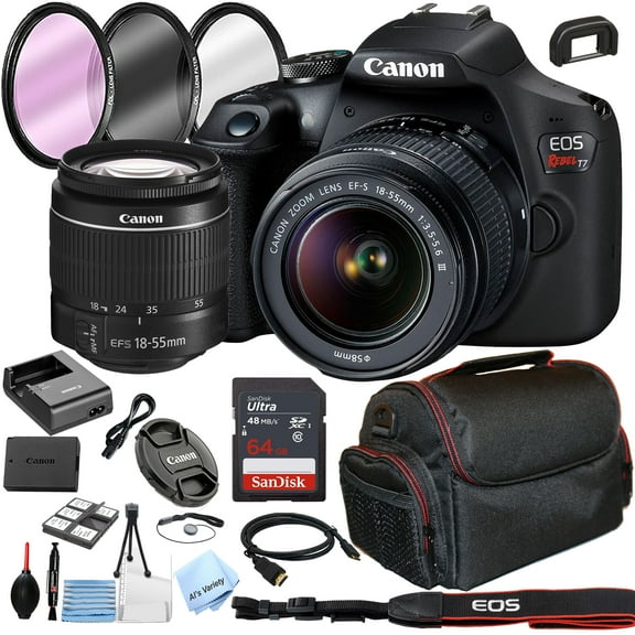 Canon EOS Rebel T7 DSLR Camera with 18-55mm Lens + Optics Filter Set, Camera Bag + Sandisk Ultra 64GB Card + Al's Variety Cleaning Kit, And More (International Version)