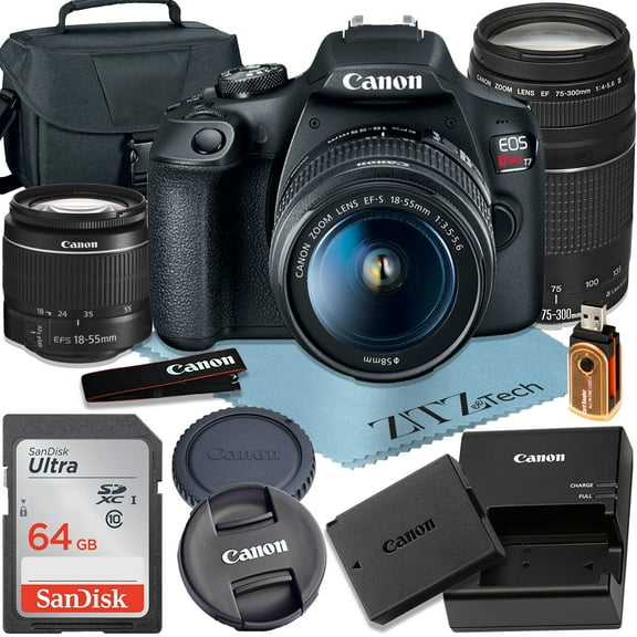 Canon EOS Rebel T7 DSLR Camera 24.1MP CMOS Sensor with 18-55mm + 75-300mm Lens + SanDisk 64GB Memory Card + Case + ZeeTech Accessory Bundle (International Version)
